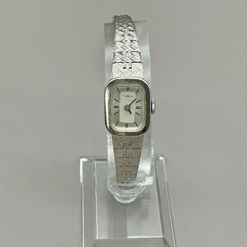 Vintage Timex Watch Womens Manual Wind Silver Tone Rectangle Bracelet Working